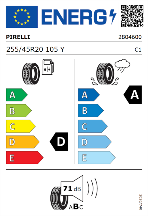 Tyre Label for Pirelli P Zero (PZ4) Sport Car 255/45R20 105Y