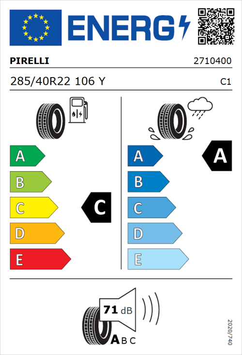 Tyre Label for Pirelli P Zero (PZ4) Sport Car 285/40R22 106Y