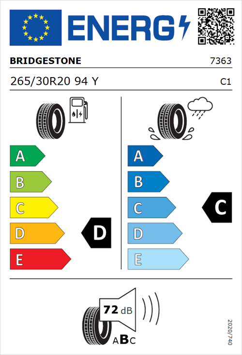 Tyre Label for Bridgestone Potenza S007 265/30R20 94Y